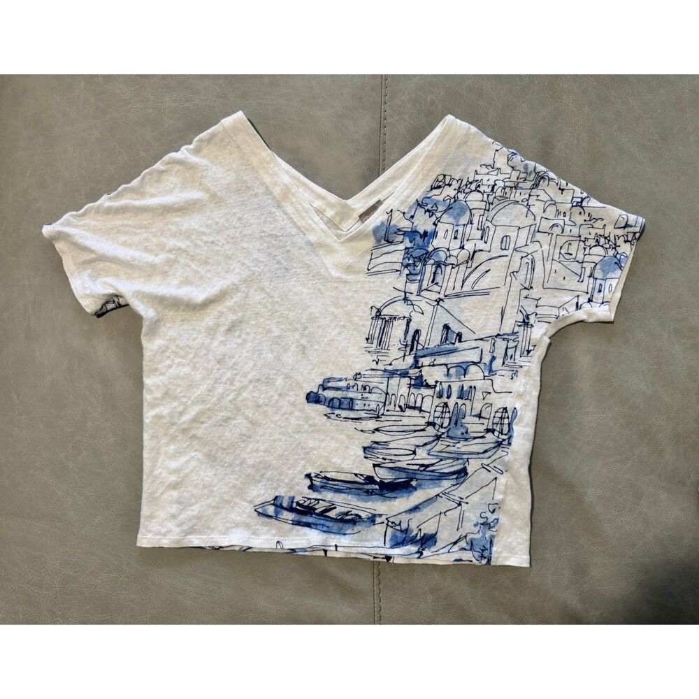 Chico's 100% Linen Coastal Cityscape V-Neck Tee in White / Blue M
